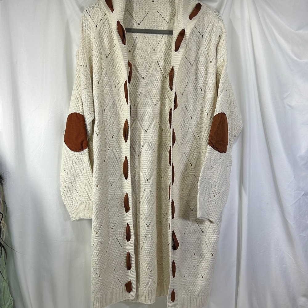 Cream Cardigan with Brown Ribbon Accents